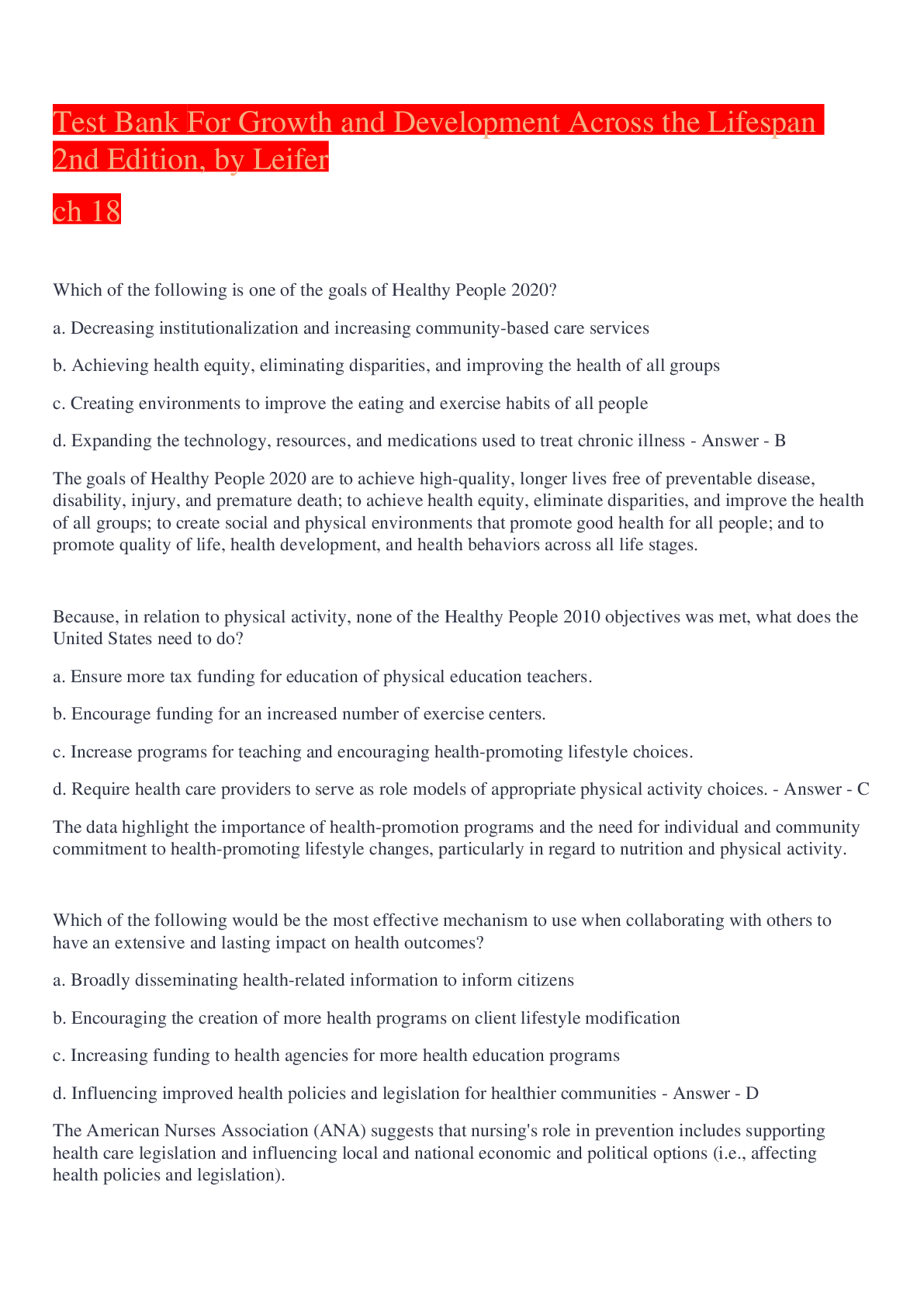 Preview image for Test Bank For Growth and Development Across the Lifespan 2nd Edition, by Leifer ch 18
